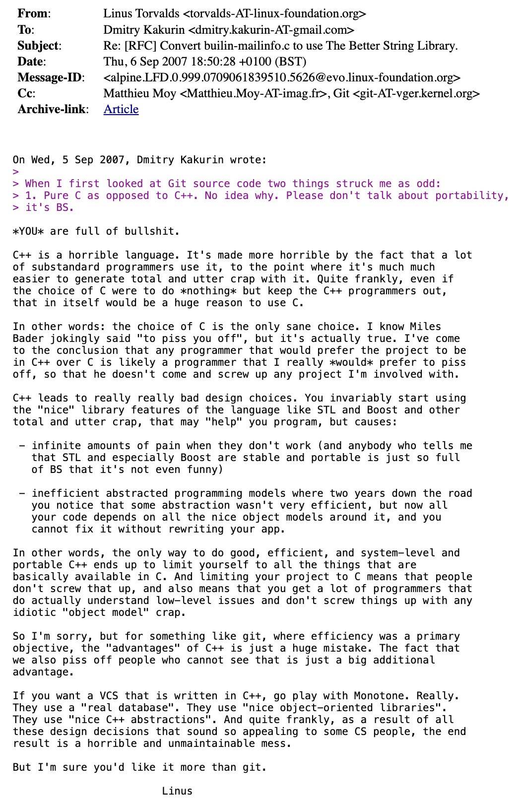 Linux Torvalds on C++